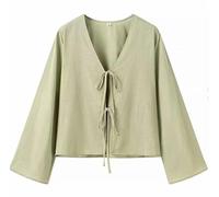 SOKTDO Oberteile mit Fliege vorne for Damen, Hemden mit Schnürung und Schleife, ausgehöhlter V-Ausschnitt, Lange Blusen mit ausgestellten Ärmeln(Green,M)