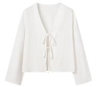 SOKTDO Oberteile mit Fliege vorne for Damen, Hemden mit Schnürung und Schleife, ausgehöhlter V-Ausschnitt, Lange Blusen mit ausgestellten Ärmeln(White,L)