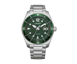 Solaruhr CITIZEN "Eco-Drive Day Date", silberfarben, grün, Armbanduhren, Herren, Armbanduhr, Herrenuhr, Edelstahlarmband, analog, Big Date (82161014-0) silberfarben, grün