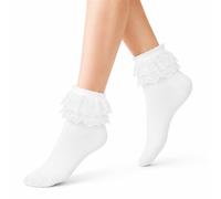 Soleeya Weiß Rüschen Socken Damen Trachtensocken Damen mit Spitzenborte | Elegant Spitzensocken für Frauen, Dirndl Socken Lace Mädchen Bequeme Knöchelsocken Ruffle Sock für Alltag, Feste, Tänze