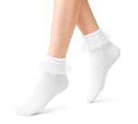 Soleeya Weiß Rüschen Socken Damen Trachtensocken Damen mit Spitzenborte | Elegant Spitzensocken für Frauen, Dirndl Socken Lace Mädchen Bequeme Knöchelsocken Ruffle Sock für Alltag, Feste, Tänze