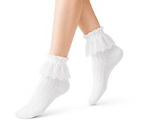 Soleeya Weiß Rüschen Socken Damen Trachtensocken Damen mit Spitzenborte | Elegant Spitzensocken für Frauen, Dirndl Socken Lace Mädchen Bequeme Knöchelsocken Ruffle Sock für Alltag, Feste, Tänze