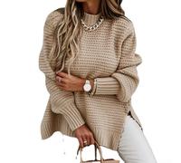 Solid Knitted Texture Sweater for Women Pullover Style with Half High Neck and Long Sleeve for Casual and Holiday Occasions (M Khaki)