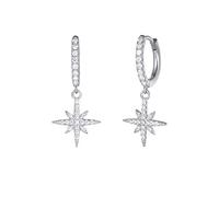 Solide 925 Sterling Silber Creolen Ohrringe Hängend Klein Ohrhänger mit Cubic Zirkonia Kompass Stern Anhänger für Damen Mädchen Mama Kinder - Größe: 28 * 11 mm