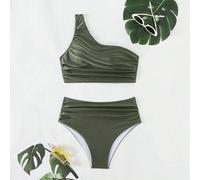 Solider asymmetrischer Cropped-Top und geraffter Bikini-Set für Damen, für Sommer, Reisen, Urlaub, Schwimmbad
