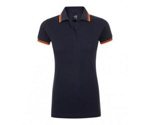 SOLS Damen/Damen Pasadena Tipped Kurzarm-Pique-Poloshirt (French Navy/Neon Orange) M