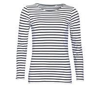 Sols Damen Marine T-Shirt, gestreift, langärmlig (L) (Weiß/Marineblau)