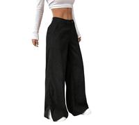 SOLY HUX Damen Cordhose Lange Hose mit Schlitz Weit Bein Casualhose Hohe Taille Freizeithose Cordhosen mit Taschen Herbsthose Schwarz M