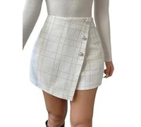 SOLY HUX Damen Hosenrock Elegant Shorts mit Karomuster Hohe Taille Freizeitrock Kariert Rock Büro Kurz Hose Wickel Minirock Skort Weiß XL