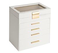 Somduy Schmuckkästchen, 5 Ebenen, Schmuckaufbewahrungsbox mit Glasdeckel für Frauen, 4 Schubladen, großes Fassungsvermögen für Halsketten, Ohrringe, Armbänder, Ringe, Weiß