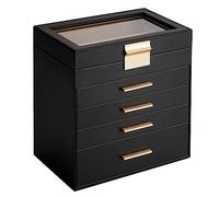 Somduy Schmuckkästchen, 5 Ebenen, Schmuckaufbewahrungsbox mit Glasdeckel für Frauen, 4 Schubladen, großes Fassungsvermögen für Halsketten, Ohrringe, Armbänder, Ringe, schwarz