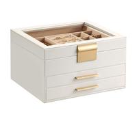 Somduy Schmuckkästchen für Damen, 3 Ebenen, Schmuck-Aufbewahrungsbox mit Glasdeckel, Geschenk für Weihnachten, 3 Schubladen, großes Fassungsvermögen für Halsketten, Ohrringe, Armbänder, Ringe, Weiß