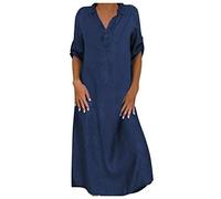 Sommer Angebote des Tages Heute Damen Jeanskleid Sommer Kurze Ärmel Button Down Gestaffelt Denim Kleid, Damen Jeanskleid Sommer Blusenkleid Damen Lang Jeanskleid Kurzarm Strandkleider Lang