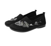 Sommer Atmungsaktive Mesh Orthopädische Schuhe Damen mit Bestickte Slip on Sneaker Flache Elegant Loafer Breite Füße Turnschuhe Walking Shoes Women Barfußschuhe Bequem Laufschuhe (Black, 39)