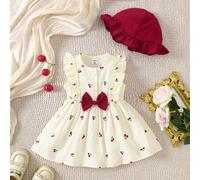 Sommer Baby Mädchen Kleid in Apricot mit rundem Ausschnitt, Rüschen, Kirsch-Muster, ärmellos, roter Schleife und roter Mütze, elegant und süß