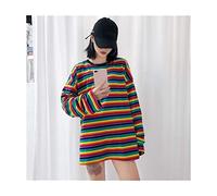 Sommer-Baumwoll-T-Shirt Frauen Gestreiftes T-Shirt Regenbogen-Hemd Weibliche Lose Top Shirts In Übergrößen Comfortable (Color : Long Sleeve, Size : S.)