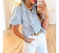 Sommer Blau und Weiß kontrastierende gestreifte Bluse mit Ballonärmeln, stehendem Kragen und Rüschen, lässiges Hemd