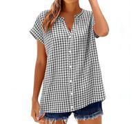 Sommer Bluse Damen,Kariert Baumwolle Leinen Button-Down Trachtenhemd Blusen Shirt Lässig Kurzarm Hemdbluse Business V-Ausschnitt Oberteile Knopfleiste Weiches Gestrick Casual Hemdbluse