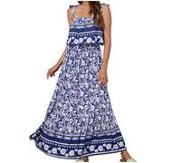 Sommer böhmisches Kleid für Frauen Sling Beach Vacation Damenkleider mit Blumendruck, knöchellanger Rock, Swing-Kleider