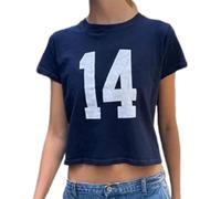 Sommer Crop Top Nummer 14 Fitted Tee Jersey Kurzarm Y2k Shirt Graphic Baby Tee Damen, Marineblau, Klein