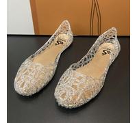 Sommer Damen Cut Out Flache Kristall Jelly Schuhe, Spitze Zehen Weiche Strandsandalen