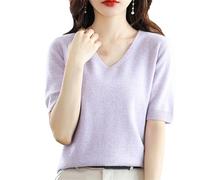 Sommer Damen Kaschmirpullover Kurzarm Pullover Mit V-Ausschnitt Lässiger Solider Kurzarmpullover Frühling Taro Purple XL