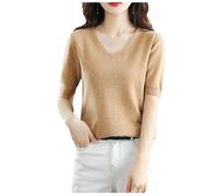 Sommer Damen Kaschmirpullover Kurzarm Pullover Mit V-Ausschnitt Lässiger Solider Kurzarmpullover Frühling Golden khaki9 XL