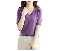Sommer Damen Kaschmirpullover Kurzarm Pullover Mit V-Ausschnitt Lässiger Solider Kurzarmpullover Frühling Purple S