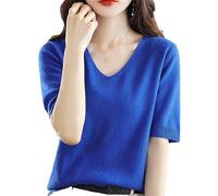 Sommer Damen Kaschmirpullover Kurzarm Pullover Mit V-Ausschnitt Lässiger Solider Kurzarmpullover Frühling Blue L