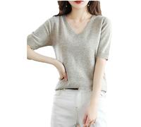 Sommer Damen Kaschmirpullover Kurzarm Pullover Mit V-Ausschnitt Lässiger Solider Kurzarmpullover Frühling Light khaki9 S