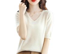 Sommer Damen Kaschmirpullover Kurzarm Pullover Mit V-Ausschnitt Lässiger Solider Kurzarmpullover Frühling Beige L