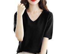 Sommer Damen Kaschmirpullover Kurzarm Pullover Mit V-Ausschnitt Lässiger Solider Kurzarmpullover Frühling Black M