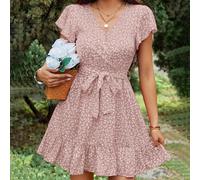 Sommer Damen Kleid mit Blume Muster und Gürtel im Bridgerton-Stil