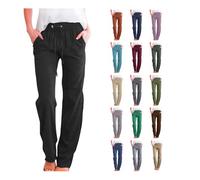 Sommer Damen Leinenhose Straight Bein Freizeithose Baumwolle Leinen Strandhose Musselin Einfarbig Stoffhose mit Kordelzug Taschen Jogginghose Gerade Geschnitten Laufhosen Flowy Wanderhose