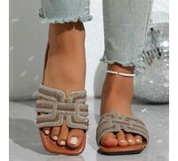 Sommer Damen Luxus Inspiration Nieten Kette Ausschnitt Offene Zehe Minimalistischer Stil Braun Kristall Palme Olive Farbe Slides - Große Größen Komfor