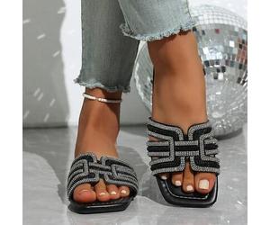 Sommer Damen Luxus Inspiration Nieten Kette Ausschnitt Offene Zehe Minimalistischer Stil Braun Kristall Palme Olive Farbe Slides - Große Größen Komfor