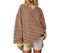 Sommer Damen Pullover Langarmshirt Gestreift Y2K Sweater Ringelpullover Lockere Passform Grün Sweat-Shirt Oversize