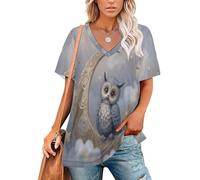 Sommer Damen T-Shirt Cartoon-Eule Kurzarm V-Ausschnitt T-Shirt Verträumte Wolken Casual Basic Oberteile Elegant Locker Basic Top für Frühling Sommer Herbst Freizeit & Büro Mode