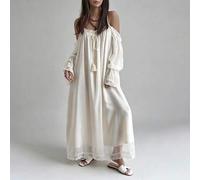 Sommer Herbst Spitzen-Patchwork Off-Shoulder Langarm locker einfarbig Volant-Rock Midi-Kleid für Frauen