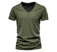 Sommer Herren Bambus Baumwolle V-Ausschnitt Kurzarm T-Shirt Herren-F037-Military Green-L