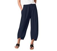 Sommer Hosen Frauen Weisse Hosen Damen Sommerhose Damen Leicht High Waist Einfarbiges 7/8 Hosen Mit Taschen Baumwoll Leinen Locker Chino Hose Leicht Sommerhose Trekkinghose Damen (Dunkelblau, S)
