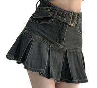 Sommer-Jeansrock mit hoher Taille, plissiert, birnenförmig, formbedeckend, schlankmachender A-Linien-Rock-Schwarz-L