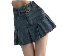 Sommer-Jeansrock mit hoher Taille, plissiert, birnenförmig, schmaler A-Linien-Rock - Blau - XL