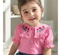 Sommer Kinder Fuchsia Kurzarm Kragen Pilz Knopf Hemd, mit großem Kragen, Rüschenbesatz am Kragen und an den Manschetten für einen süßen Look. Rote Blu