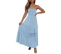 Sommer Kleider Damen Sommer Bandeau Kleid Lang Schulterfreies Sexy TräGerlos Off Shoulder RüCkenfrei Spitzenbesatz Maxikleid Swing A-Line Lang Strandkleid Boho Kleid Partykleid