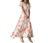 Sommer Kleider Für Damen, Kleid Damen Elegant, Blumendruck V Ausschnitt Kurzarm Maxi Kleider Tunika A-Linie Freizeitkleid Bohemian Swing Lang Kleid High Waist Tunikakleid Leicht Und Luftig Strandkleid