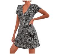 Sommer Kleidung Für Damen, Midikleid Damen Sommer 70Er Jahre Outfit Damen Blumendruck V-Ausschnitt Kurzarm Midikleid Rüschen Swing A-Linie Blumenkleid Sommerkleid Sexy Damen Kleider (Cow Pattern,L)