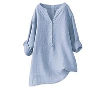 Sommer-Kurzarm-Leinen-Tops, T-Shirt für Damen, bedruckt, Patchwork-Knöpfe, V-Ausschnitt, Baumwollbluse, Shirt, Basics, Kleidung, Vintage-Blusen, lässig, lockere Passform, blau, X-Large