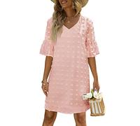 Sommer Kurzer V-Ausschnitt Polka Dot Chiffon Kleid Kurzes A-Linienkleid mit Ausgestellten Rüschenärmeln, Polka Dot Kleid Chiffonkleid A-Linienkleid für die Hochzeit Täglicher Cocktail(XL-Rosa)