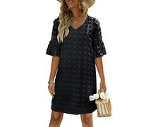 Sommer Kurzer V-Ausschnitt Polka Dot Chiffon Kleid Kurzes A-Linienkleid mit Ausgestellten Rüschenärmeln, Polka Dot Kleid Chiffonkleid A-Linienkleid für die Hochzeit Täglicher Cocktail(L-Schwarz)